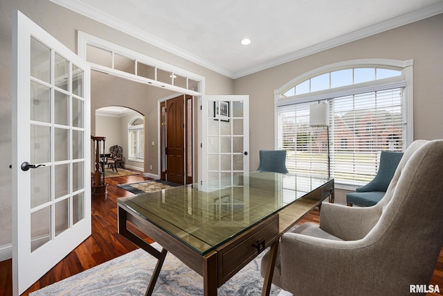 office area with wood finished floors, recessed lighting, french doors, arched walkways, and crown molding