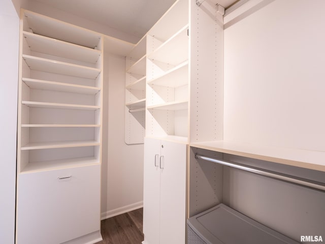spacious closet with dark wood-type flooring