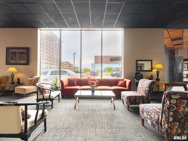 carpeted living room featuring a paneled ceiling and a wall of windows