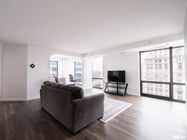 living area featuring baseboards, wood finished floors, arched walkways, and a textured ceiling