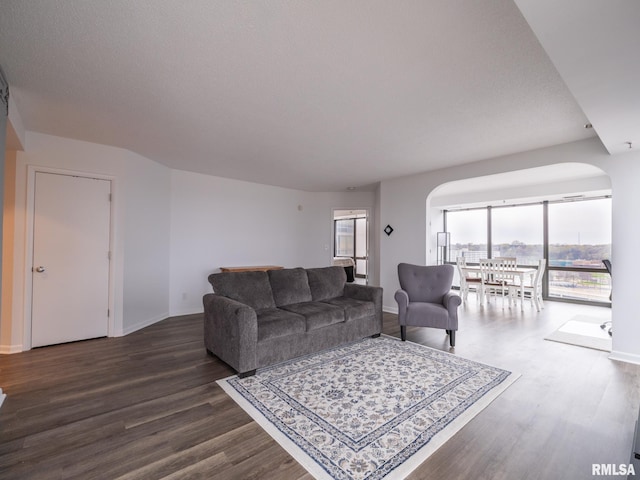 living area featuring arched walkways, baseboards, and wood finished floors