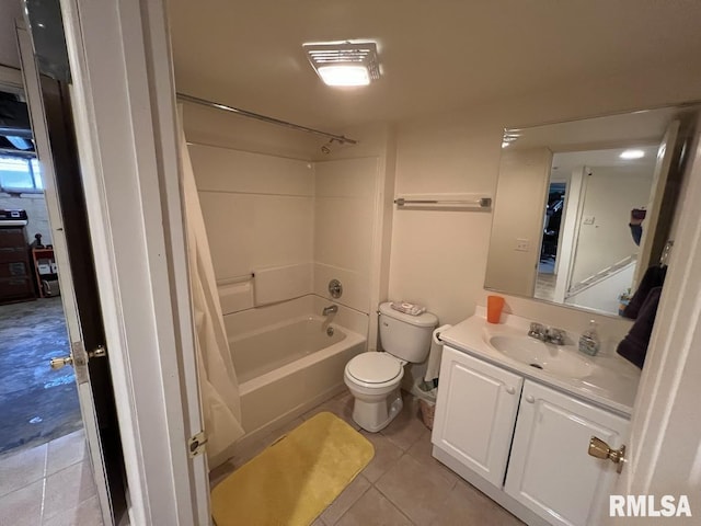 bathroom with tile patterned floors, toilet, vanity, and shower / bathtub combination with curtain