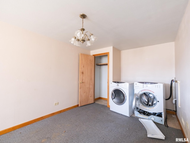 102 S Van Buren St, Lewistown, IL 61542 - washroom featuring carpet floors, a notable chandelier, baseboards, and washer and dryer