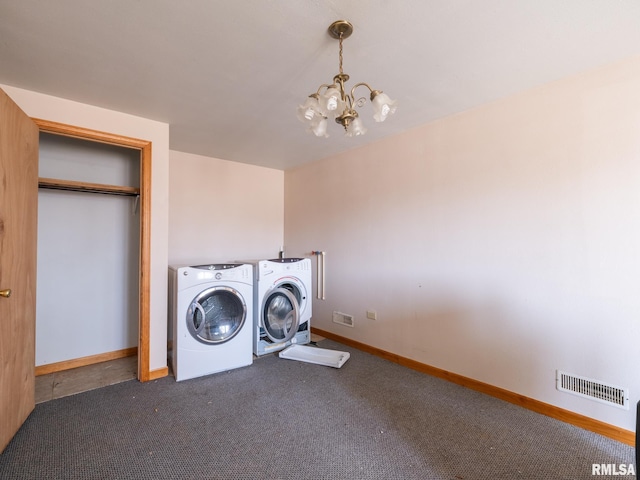 102 S Van Buren St, Lewistown, IL 61542 - laundry area featuring visible vents, carpet, laundry area, an inviting chandelier, and washer and clothes dryer