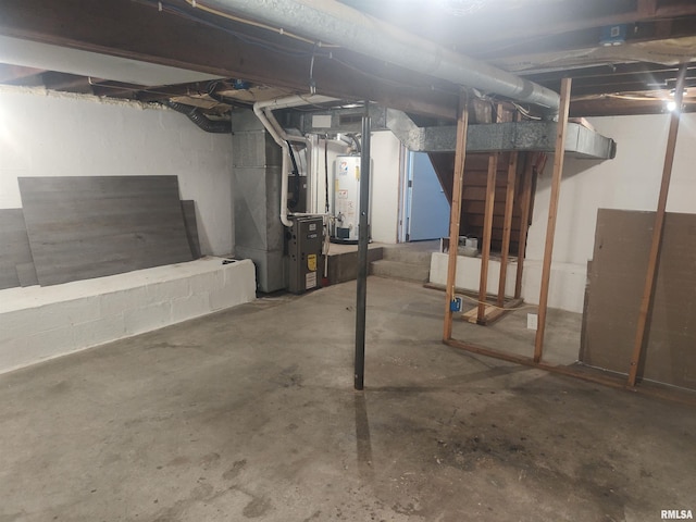 unfinished below grade area with water heater and heating unit