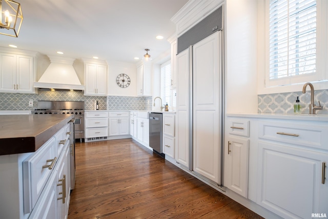 kitchen with custom exhaust hood, plenty of natural light, a sink, and appliances with stainless steel finishes