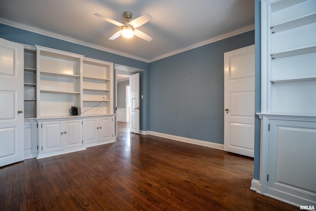 unfurnished living room featuring dark wood-type flooring, baseboards, crown molding, and ceiling fan