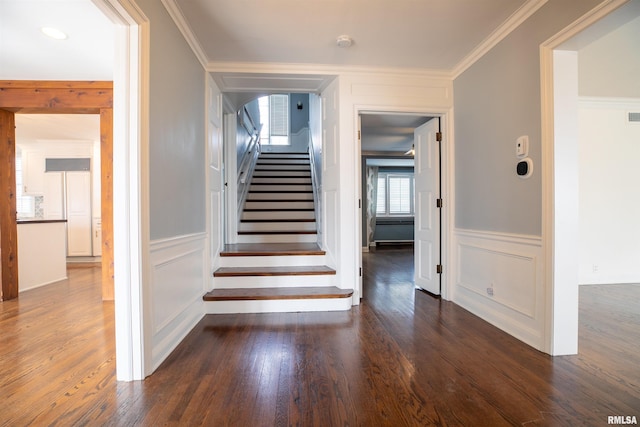 stairway with a decorative wall, crown molding, a wainscoted wall, and wood finished floors