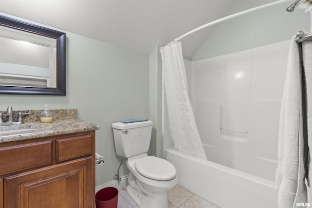 1801 Kern Rd, Washington, IL 61571 - full bathroom with vanity, tile patterned floors, toilet, vaulted ceiling, and shower / bath combo with shower curtain