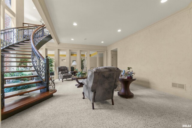 1801 Kern Rd, Washington, IL 61571 - living area featuring carpet floors, recessed lighting, and stairs
