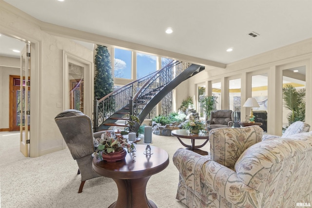 1801 Kern Rd, Washington, IL 61571 - carpeted living area with stairway, recessed lighting, and plenty of natural light