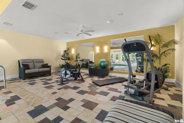 1801 Kern Rd, Washington, IL 61571 - exercise area with baseboards, a ceiling fan, light tile patterned floors, and recessed lighting