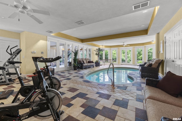 1801 Kern Rd, Washington, IL 61571 - indoor pool featuring french doors and ceiling fan