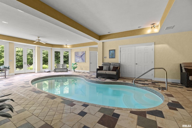 1801 Kern Rd, Washington, IL 61571 - indoor pool with a hot tub, french doors, and a ceiling fan