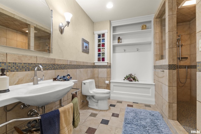 1801 Kern Rd, Washington, IL 61571 - full bathroom with a walk in shower, a sink, toilet, and tile walls