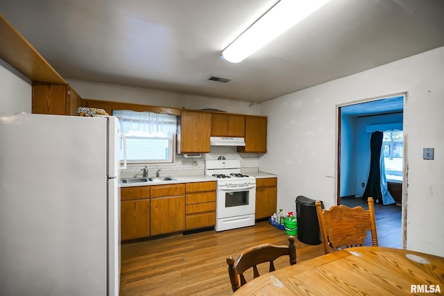 kitchen with under cabinet range hood, wood finished floors, a sink, and white appliances