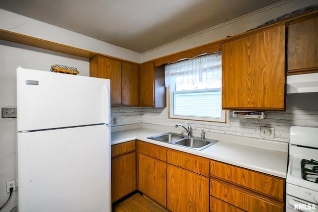 kitchen with under cabinet range hood, light countertops, a sink, white appliances, and tasteful backsplash