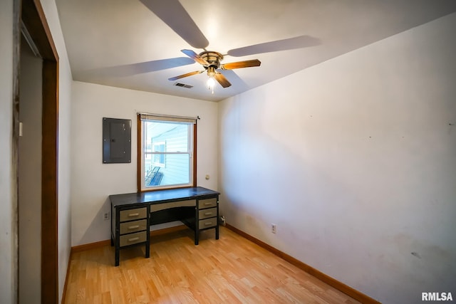office area featuring electric panel, light wood-type flooring, ceiling fan, baseboards, and visible vents