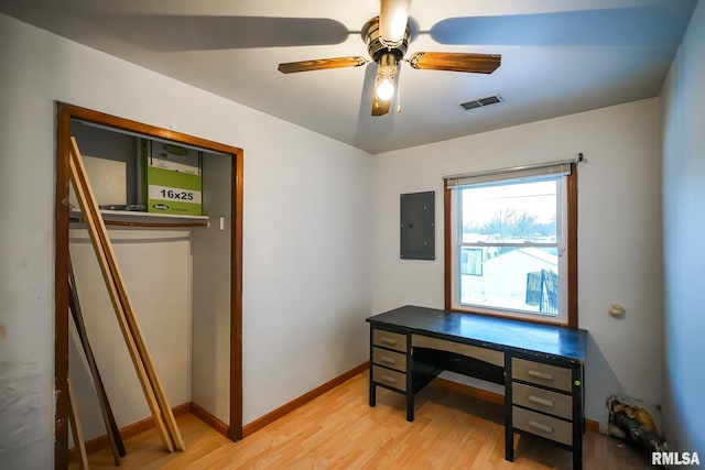 home office with a ceiling fan, light wood-style floors, electric panel, baseboards, and visible vents