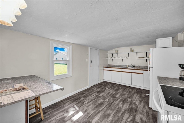 420 S Western Ave, Abingdon, IL 61410 - kitchen featuring a textured ceiling, dark wood-style flooring, a sink, open shelves, and white cabinetry