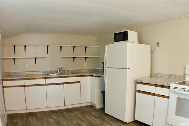 420 S Western Ave, Abingdon, IL 61410 - kitchen featuring open shelves, white appliances, dark wood-type flooring, white cabinets, and a sink