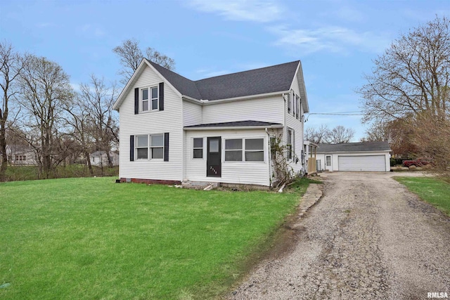 2330 S Airport Rd, Bartonville, IL 61607 - view of front of house featuring roof with shingles, an outdoor structure, a front lawn, and a detached garage
