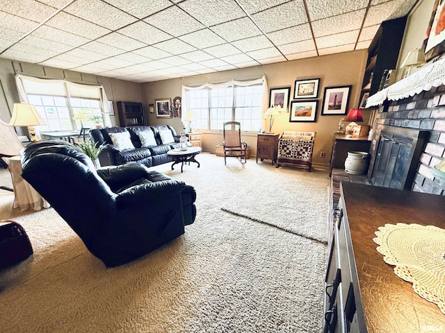 carpeted living room with baseboards, a healthy amount of sunlight, a brick fireplace, and a drop ceiling
