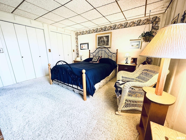bedroom with multiple closets and a drop ceiling