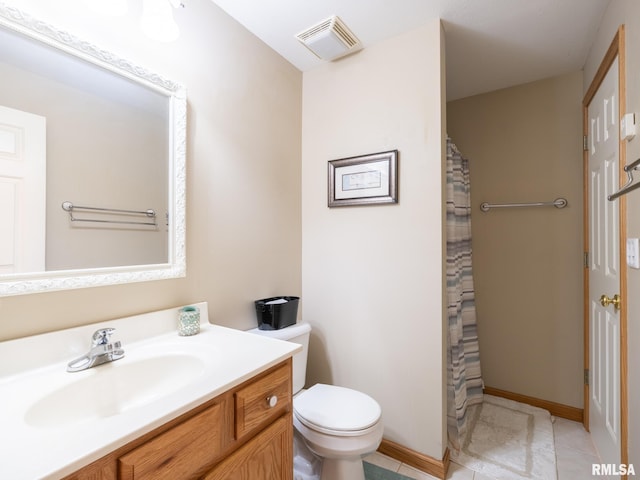 bathroom featuring vanity, tile patterned flooring, a shower with curtain, toilet, and visible vents