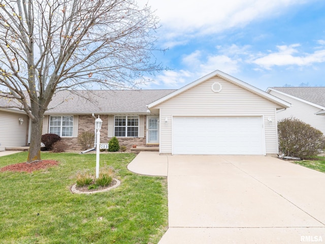 single story home with a front yard, an attached garage, brick siding, driveway, and roof with shingles