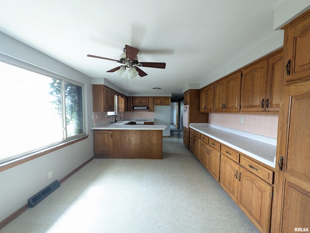 3720 Saint Michael Ave, Peoria, IL 61615 - kitchen featuring brown cabinetry, a peninsula, visible vents, under cabinet range hood, and a sink