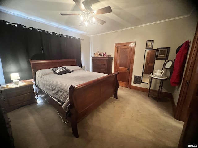 1837 Baird Ave, Galesburg, IL 61401 - bedroom with a ceiling fan, crown molding, light colored carpet, baseboards, and visible vents