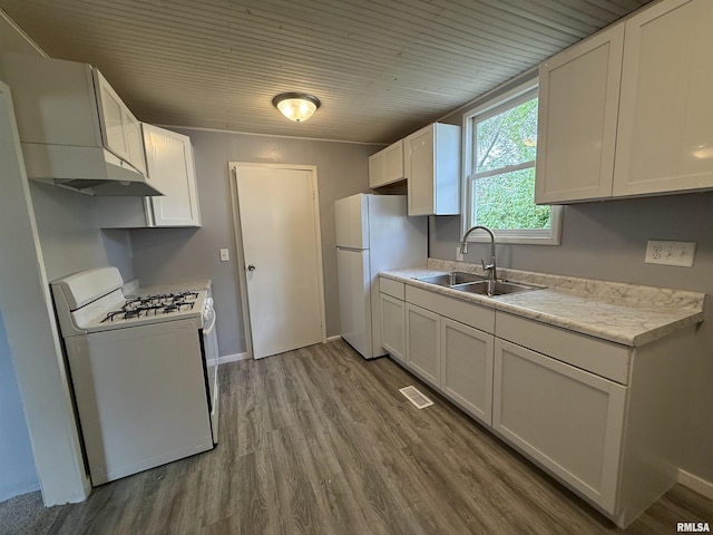 kitchen featuring white appliances, a sink, wood finished floors, and light countertops