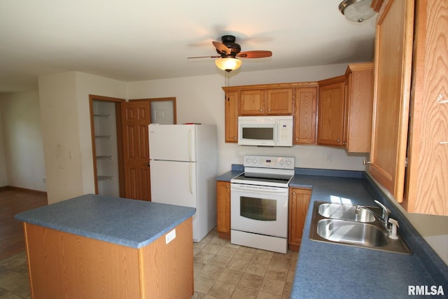 406 N Minier Ave, Minier, IL 61759 - kitchen featuring a sink, a ceiling fan, a kitchen island, white appliances, and dark countertops