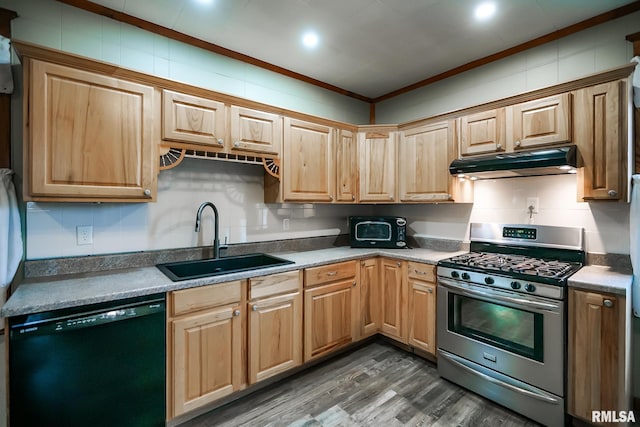 238 E Prospect St, Galesburg, IL 61401 - kitchen with a sink, gas range, dark wood-type flooring, under cabinet range hood, and black dishwasher