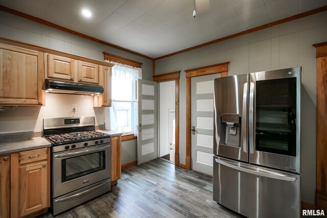 238 E Prospect St, Galesburg, IL 61401 - kitchen with dark countertops, wood finished floors, ornamental molding, appliances with stainless steel finishes, and under cabinet range hood