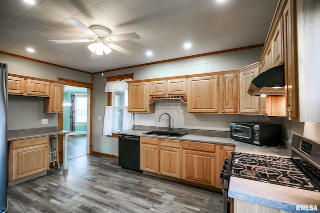 238 E Prospect St, Galesburg, IL 61401 - kitchen with under cabinet range hood, ornamental molding, a sink, black appliances, and ceiling fan