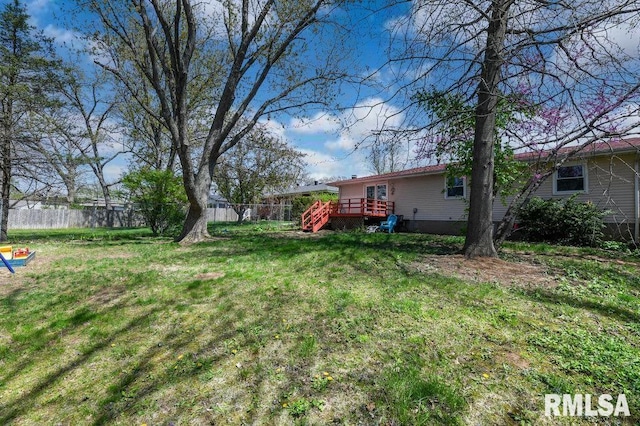 view of yard featuring a wooden deck and a fenced backyard