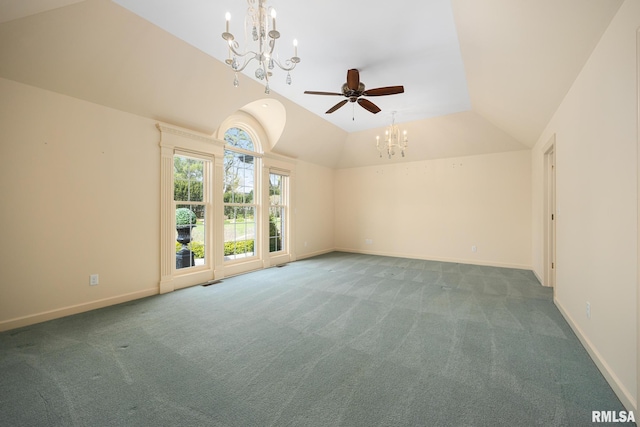 carpeted spare room featuring vaulted ceiling, visible vents, baseboards, and ceiling fan with notable chandelier