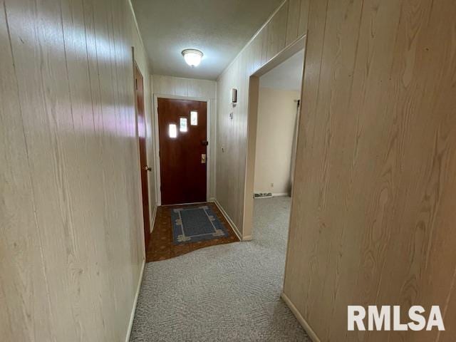 entryway featuring carpet floors and wood walls