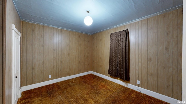 spare room with baseboards, wood walls, and carpet flooring