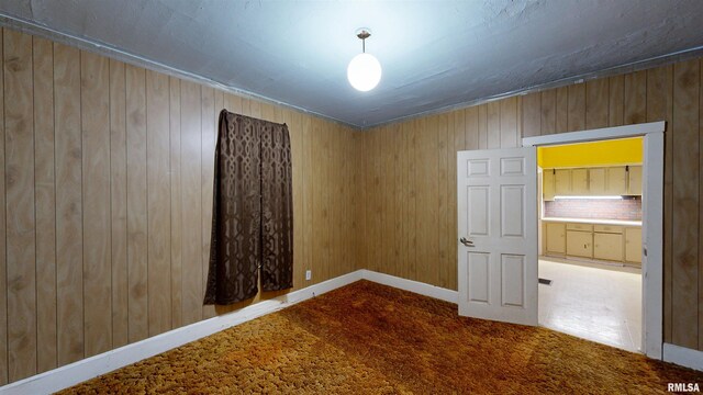 carpeted spare room with wooden walls