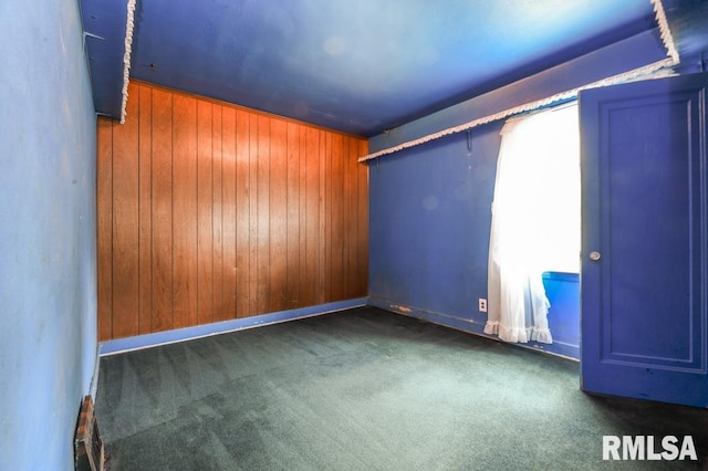 carpeted empty room with wooden walls