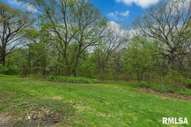 view of yard with a forest view