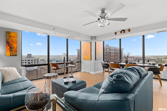 living area featuring a healthy amount of sunlight, a ceiling fan, light wood-style flooring, and expansive windows