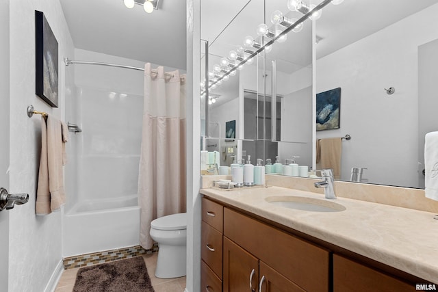 bathroom with toilet, tile patterned floors, shower / bath combination with curtain, and vanity