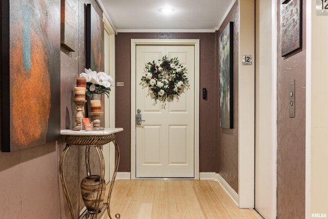 entryway featuring crown molding, baseboards, and light wood-style floors