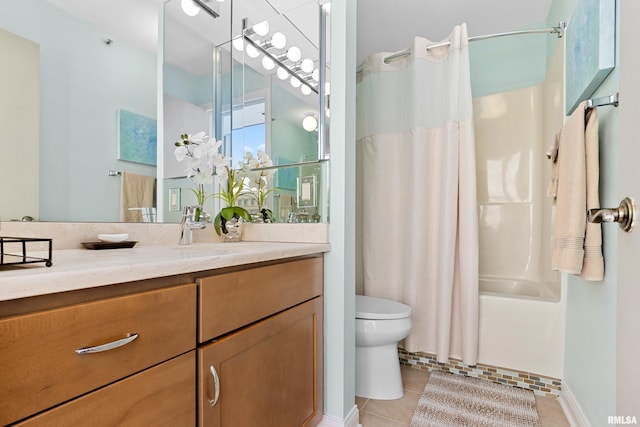 bathroom with tile patterned flooring, shower / tub combo with curtain, toilet, and vanity