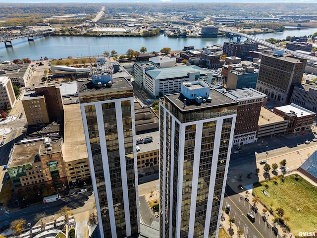 drone / aerial view featuring a water view and a city view