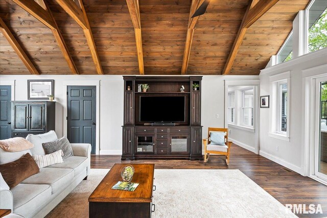 living area featuring vaulted ceiling with beams, wood ceiling, baseboards, and wood finished floors